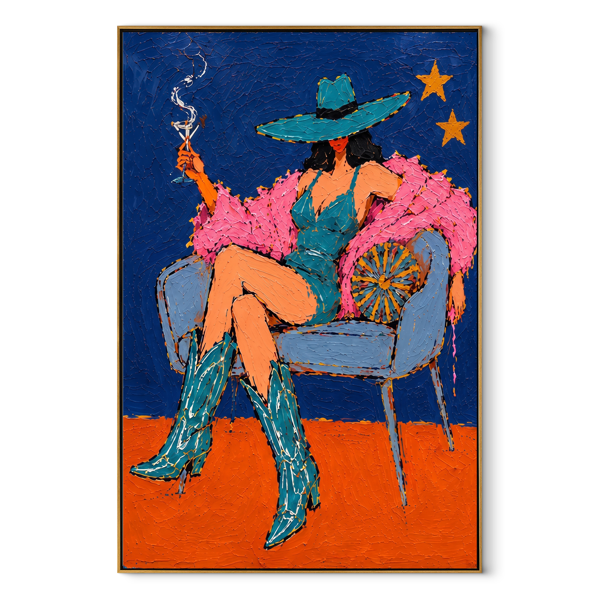 Teal Boots Light Stars Western figurative painting, vertical canvas artwork