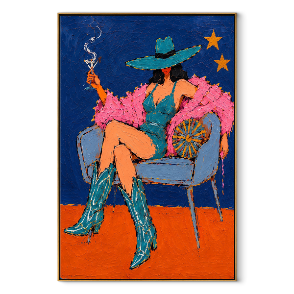 Teal Boots Light Stars – Smoking Cowgirl Chair Painting | Contemporary Western Vertical Wall Art