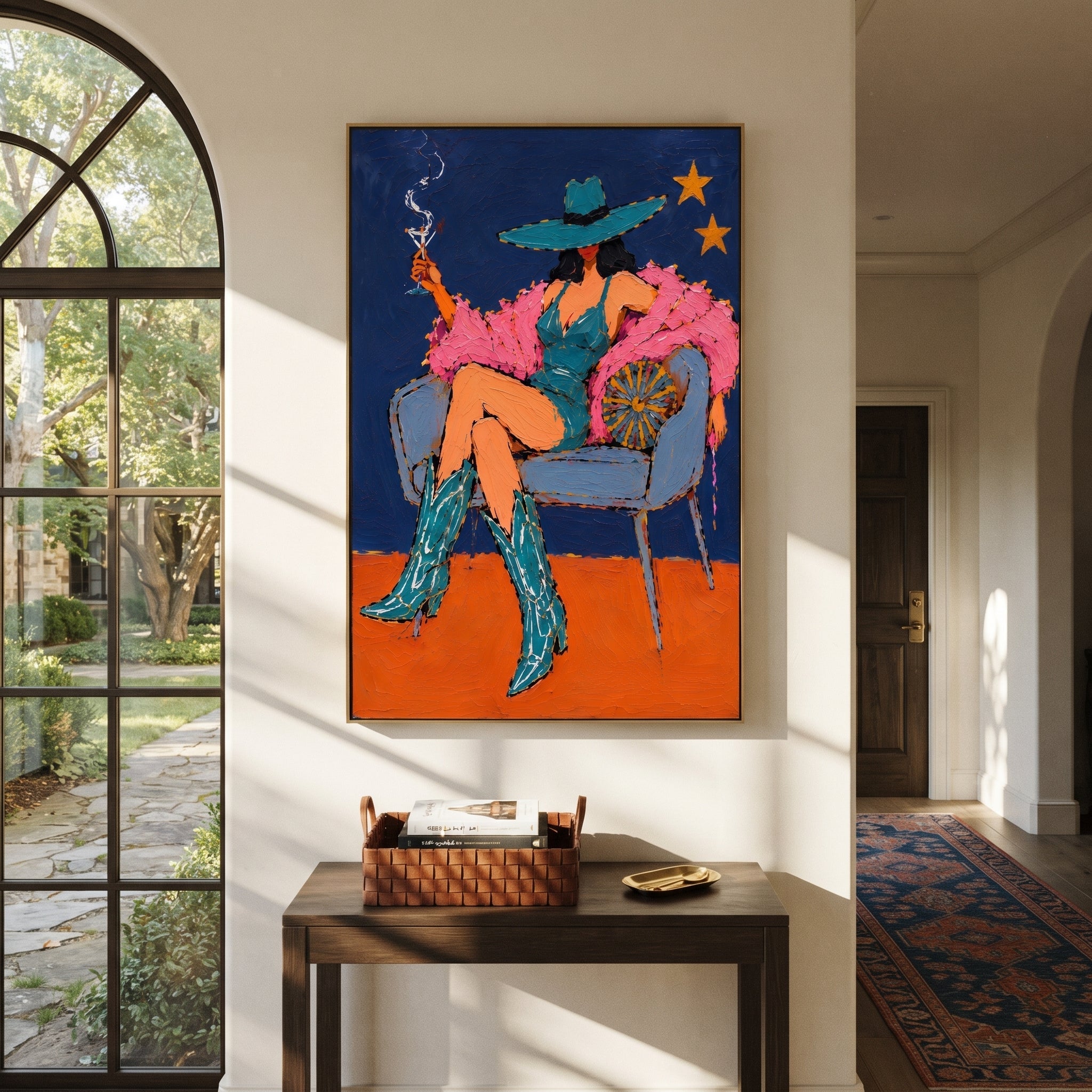Teal Boots Light Stars styled with warm modern furnishings