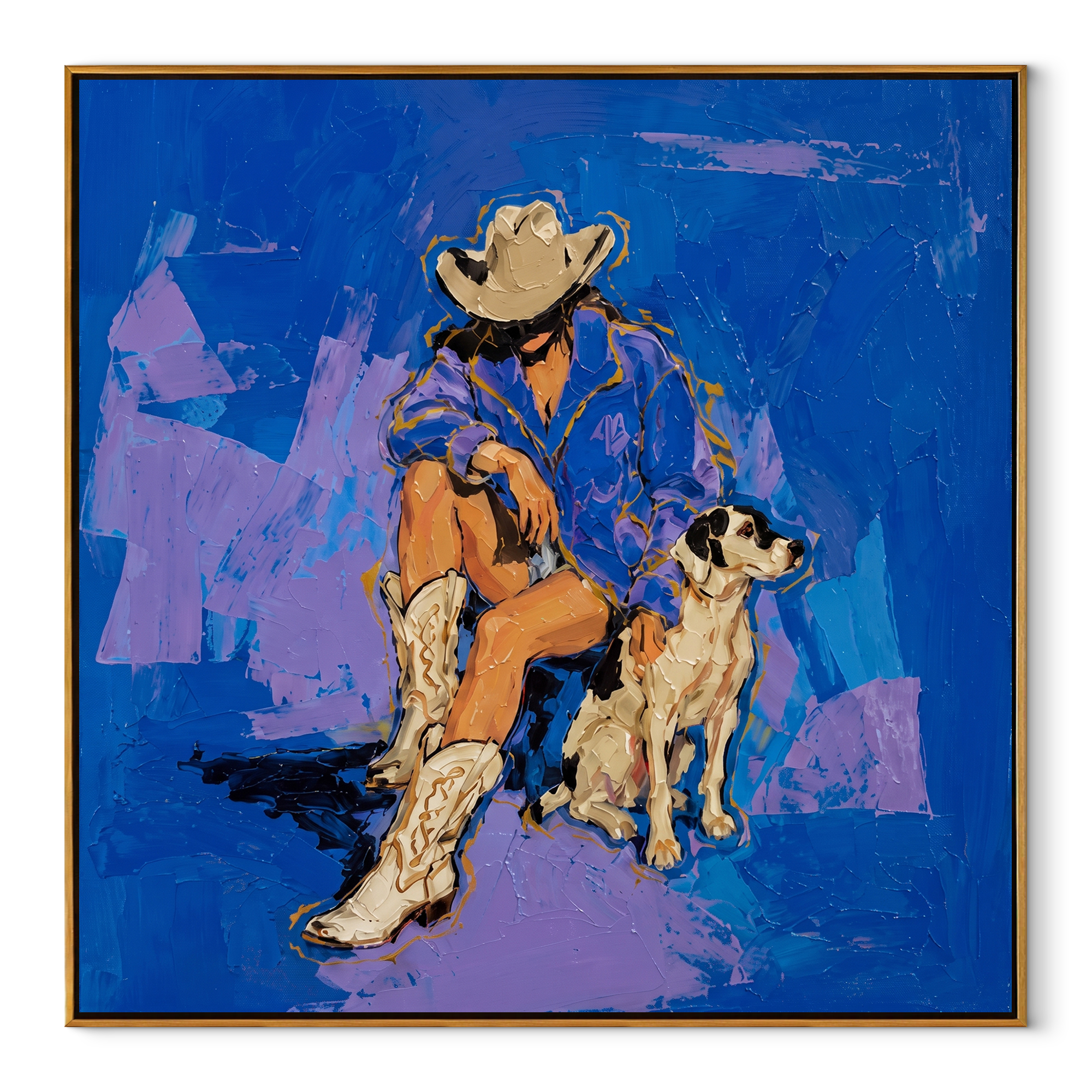 Blue Ground Holds Friendship Western figurative painting, square canvas artwork
