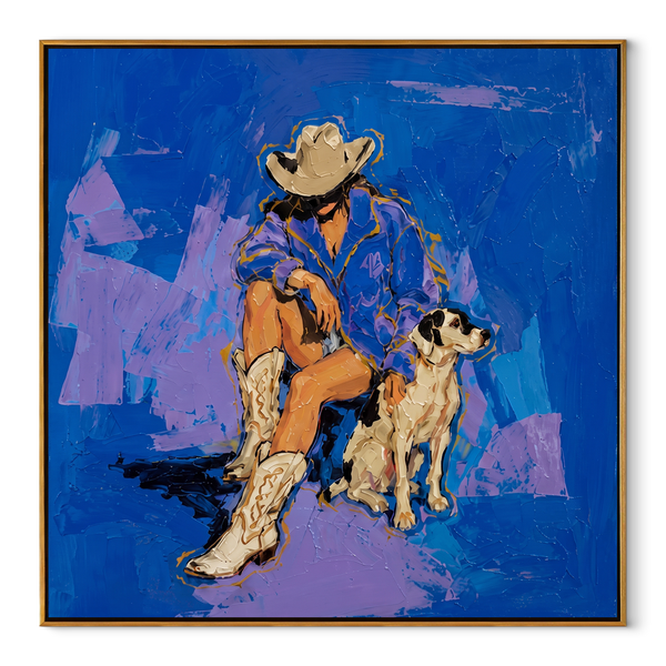 Blue Ground Holds Friendship – Cowboy and Dog Painting | Contemporary Western Square Wall Art