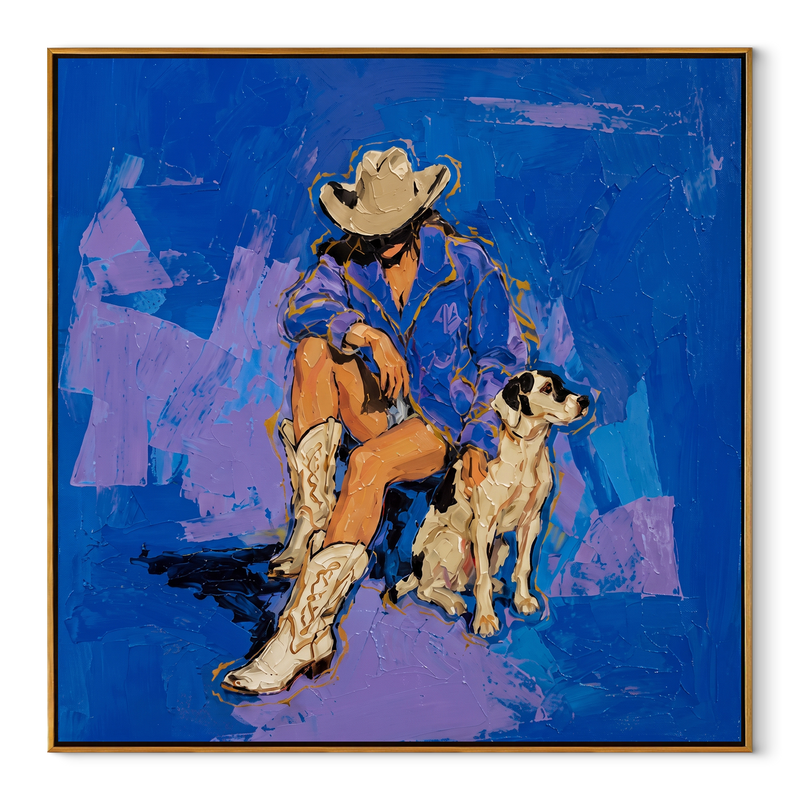 Blue Ground Holds Friendship – Cowboy and Dog Painting | Contemporary Western Square Wall Art