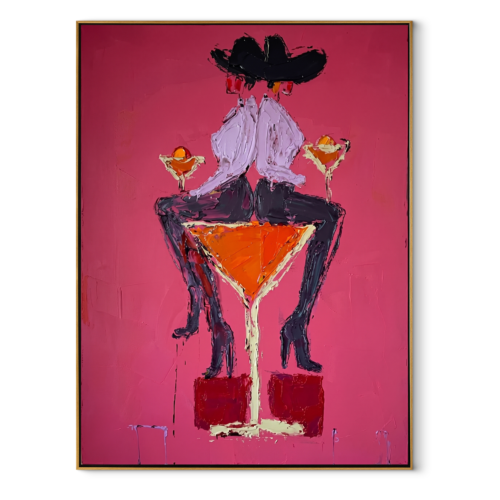 Two Hats Share Glass Western figurative painting, vertical canvas artwork