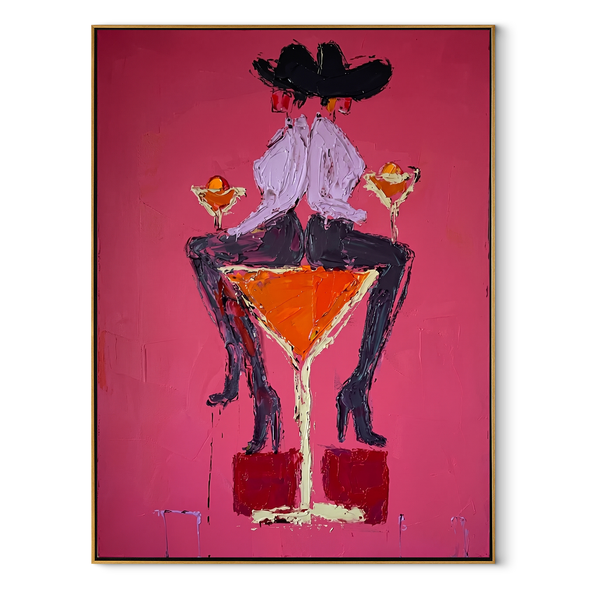 Two Hats Share Glass – Two Cowgirls Martini Painting | Contemporary Western Vertical Wall Art
