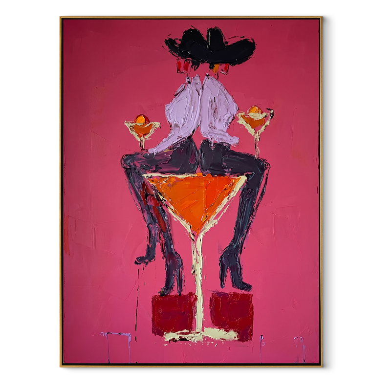 Two Hats Share Glass – Two Cowgirls Martini Painting | Contemporary Western Vertical Wall Art
