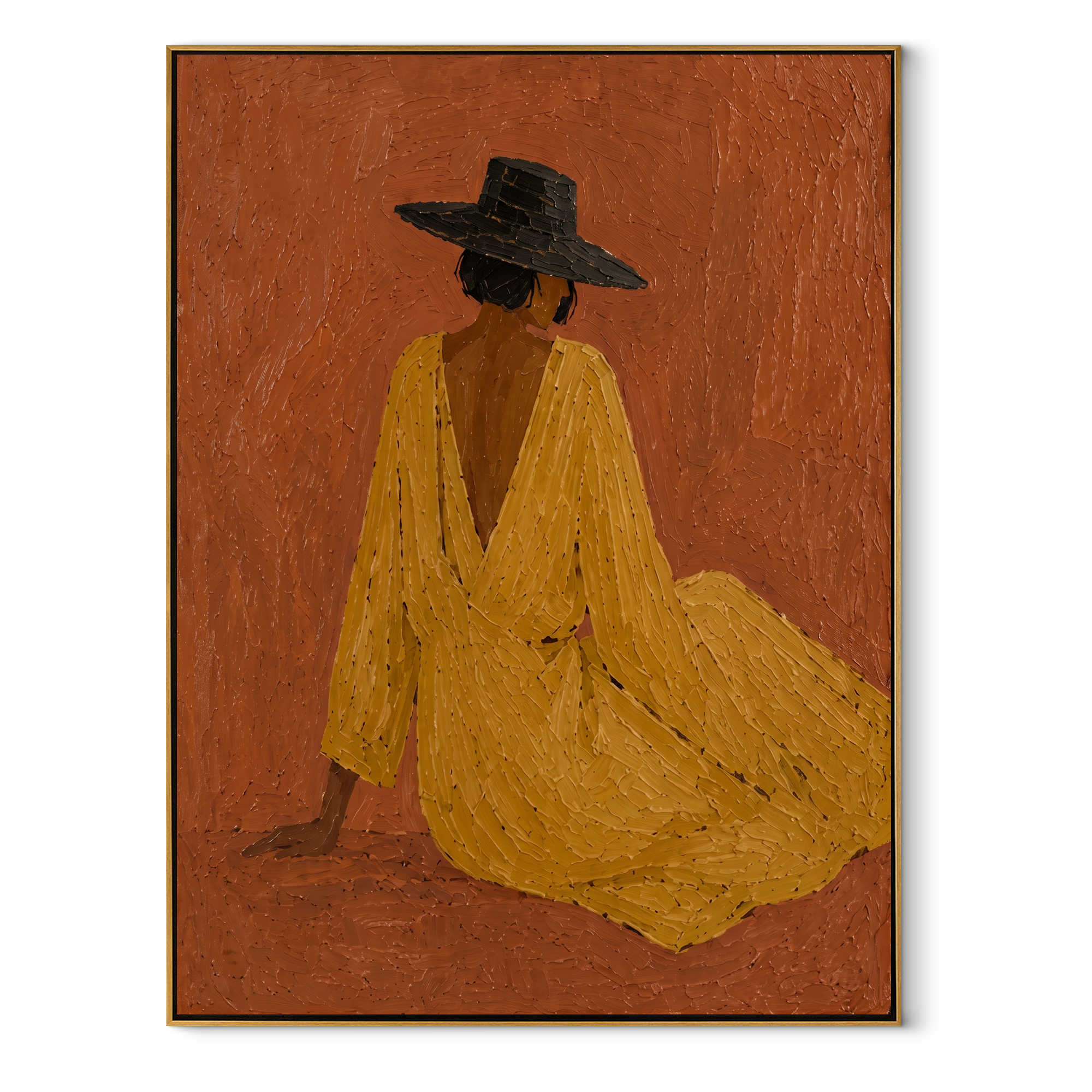 Mustard Dress Rests Low Western figurative painting, vertical canvas artwork