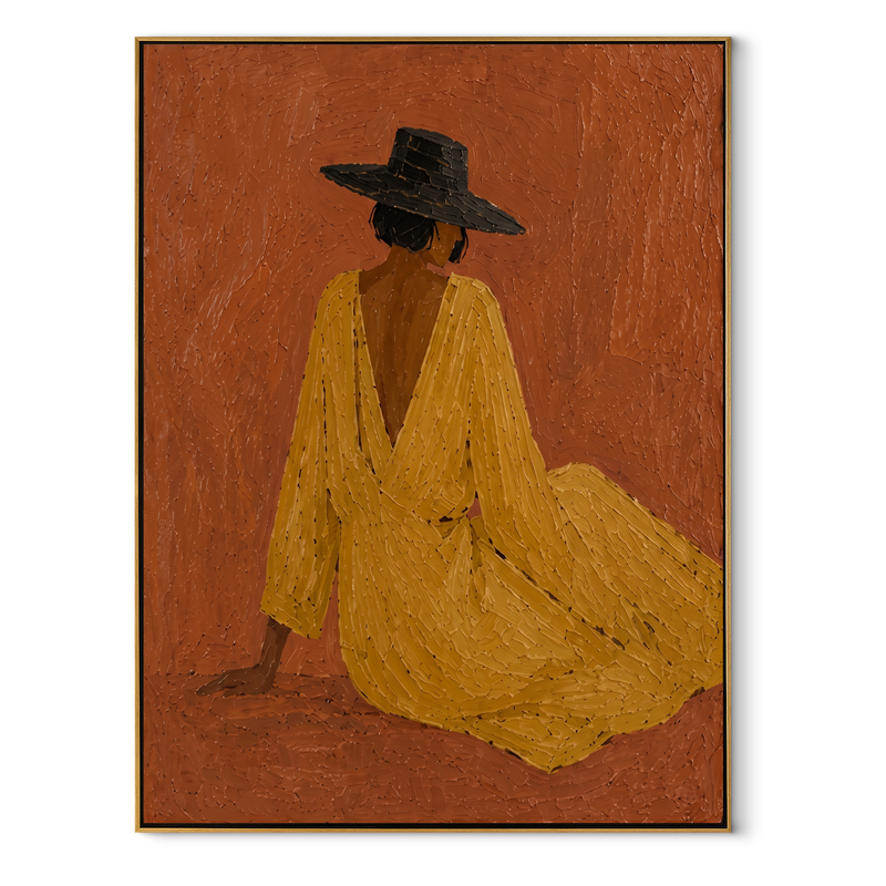 Mustard Dress Rests Low – Seated Cowgirl Dress Painting | Contemporary Western Vertical Wall Art