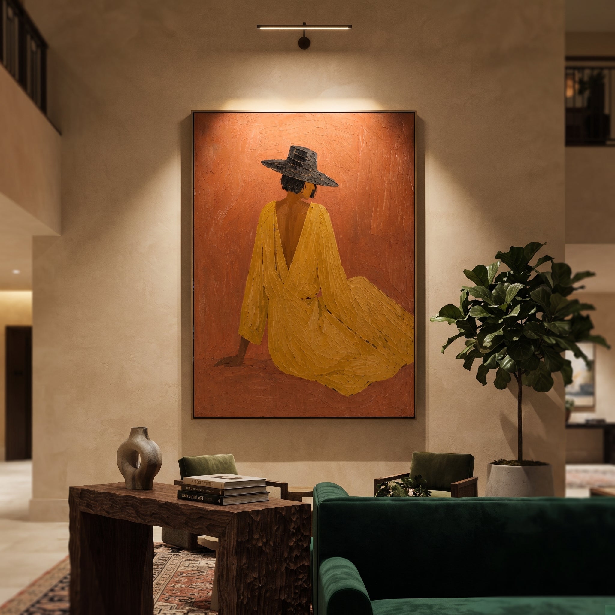 Mustard Dress Rests Low displayed in a layered residential setting