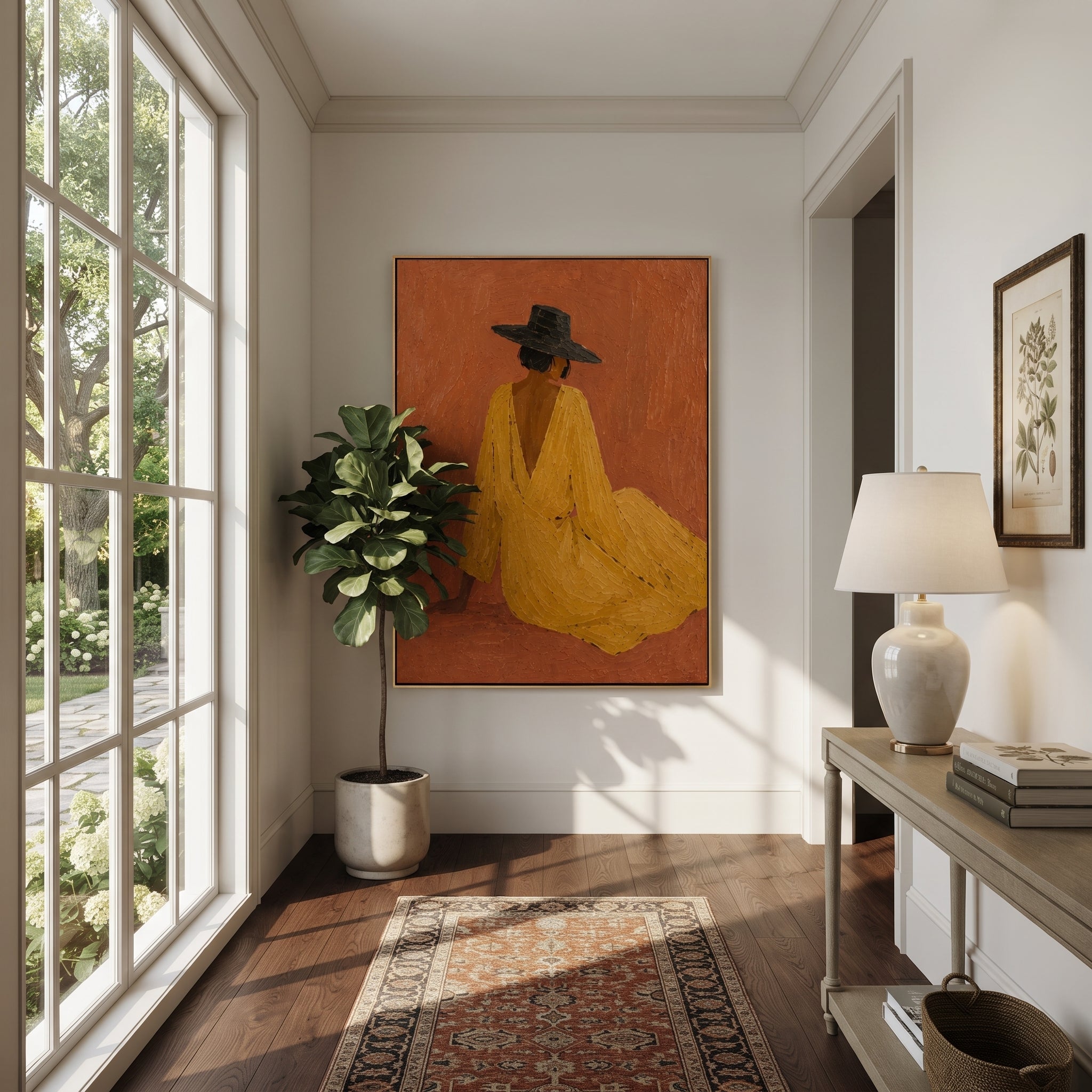 Mustard Dress Rests Low styled with wood, linen, and modern decor