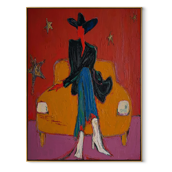 Orange Chair Keeps Night – Dark Cowboy Chair Painting | Contemporary Western Vertical Wall Art