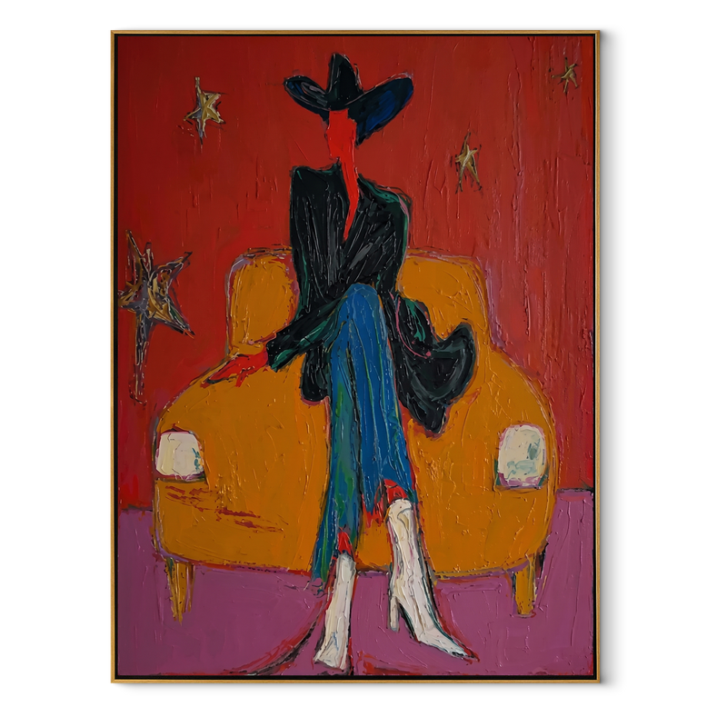 Orange Chair Keeps Night – Dark Cowboy Chair Painting | Contemporary Western Vertical Wall Art