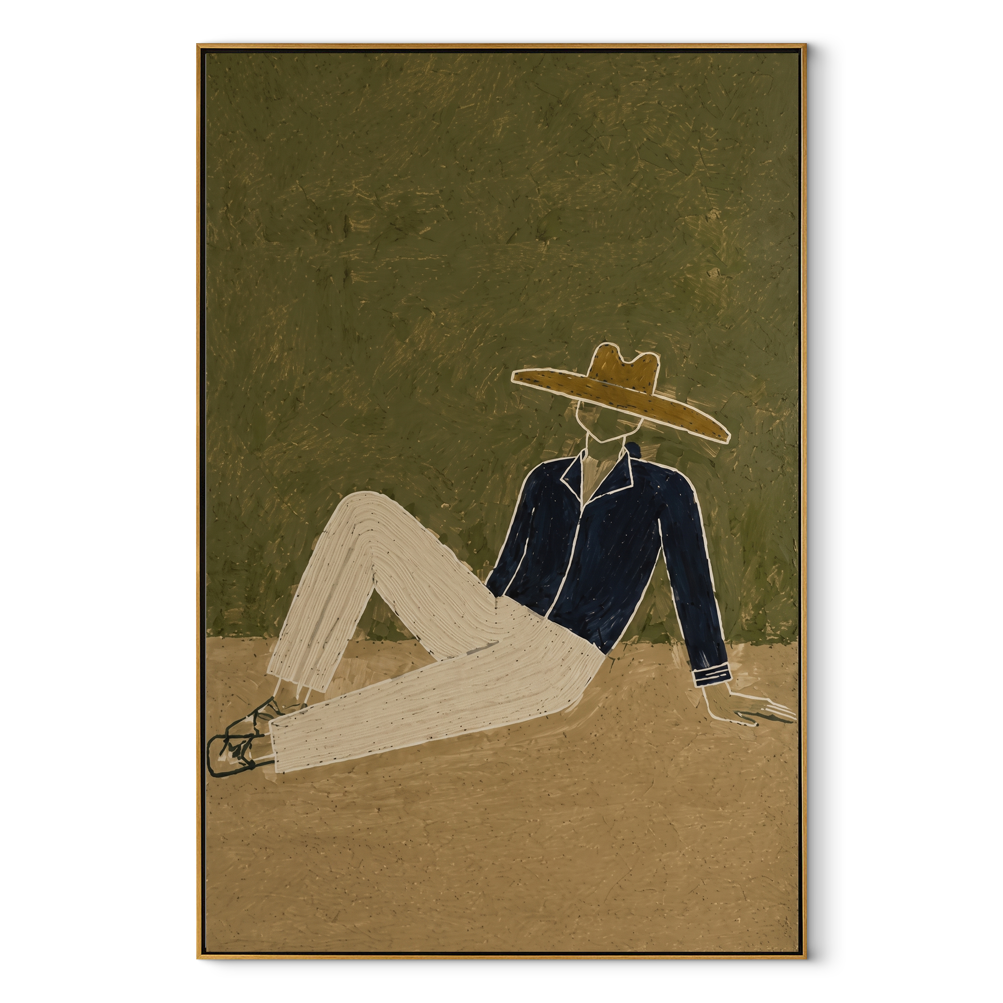 Cream Trousers Cross Earth Western figurative painting, vertical canvas artwork