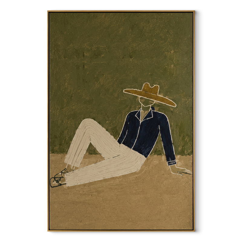 Cream Trousers Cross Earth – Minimal Reclining Cowboy Painting | Contemporary Western Vertical Wall Art