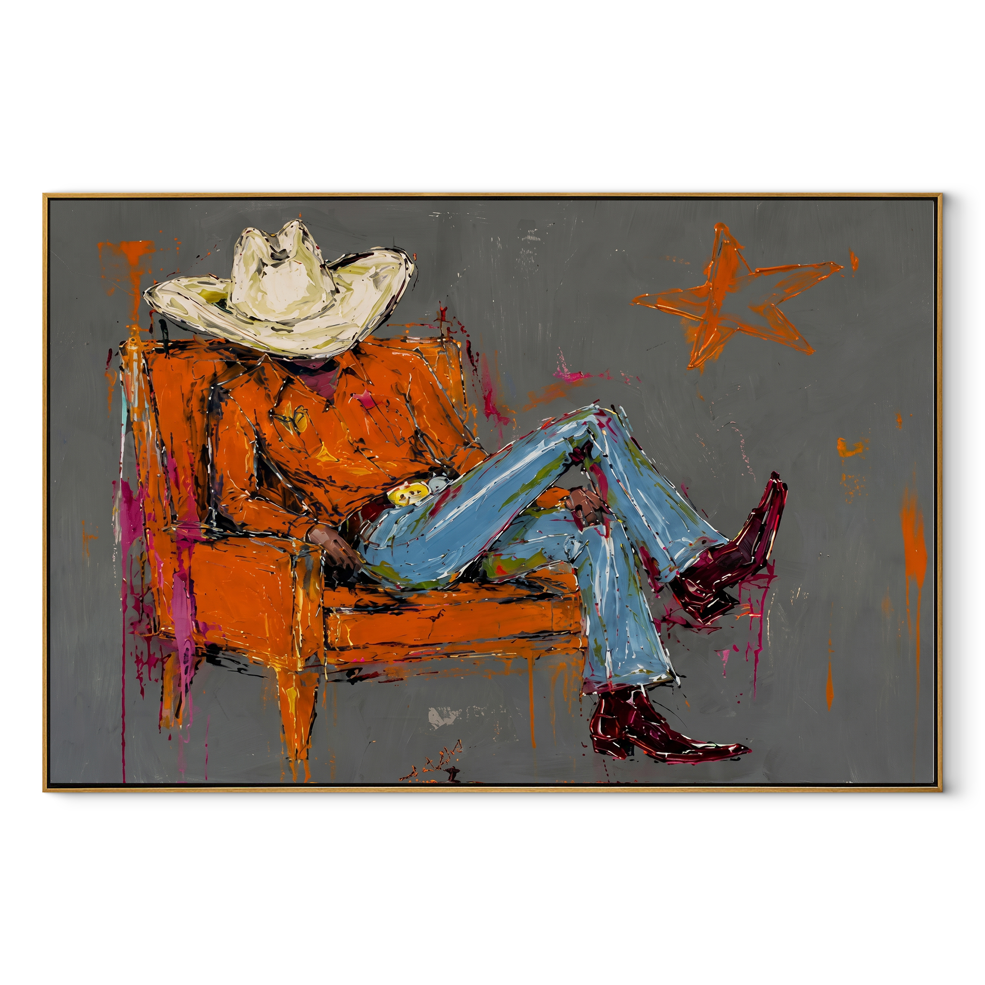 Orange Chair Spans Gray Western figurative painting, horizontal canvas artwork