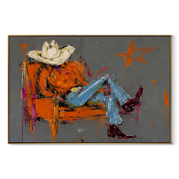 Orange Chair Spans Gray – Reclining Cowboy Chair Painting | Contemporary Western Horizontal Wall Art