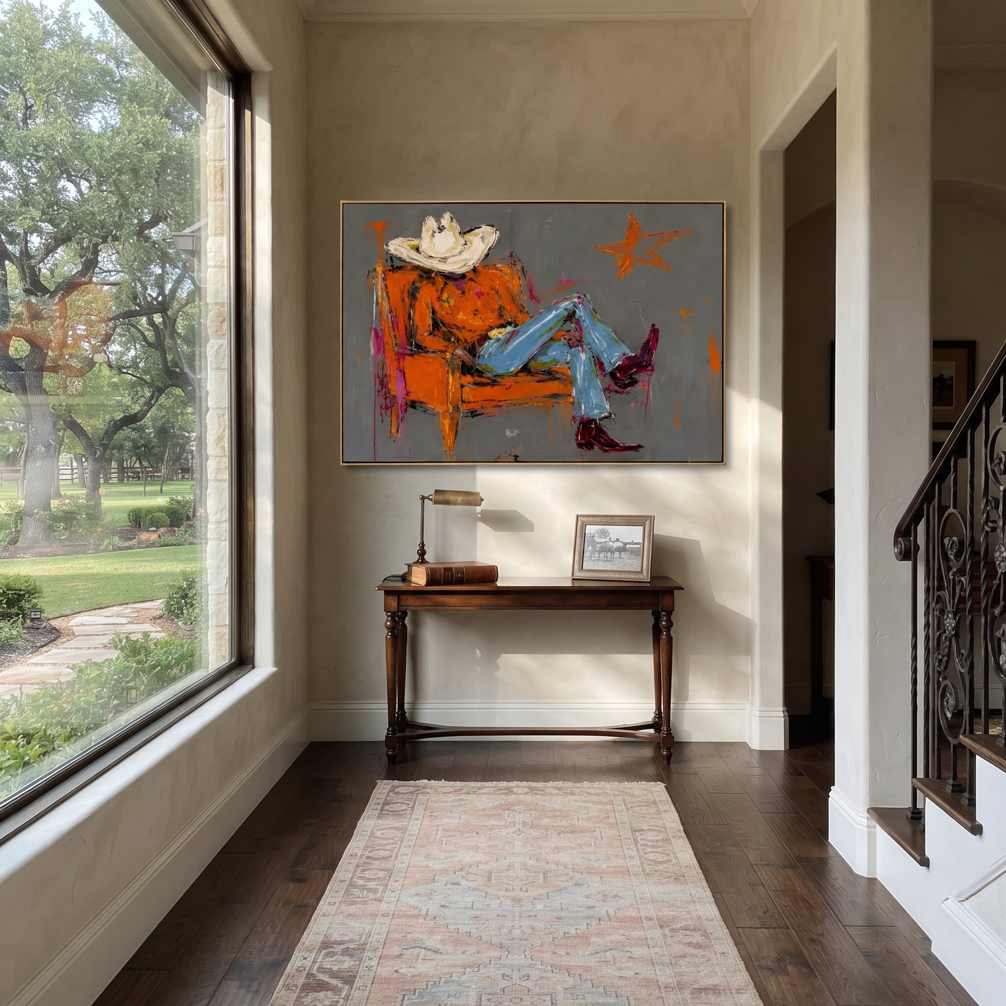 Orange Chair Spans Gray styled with wood, linen, and modern decor