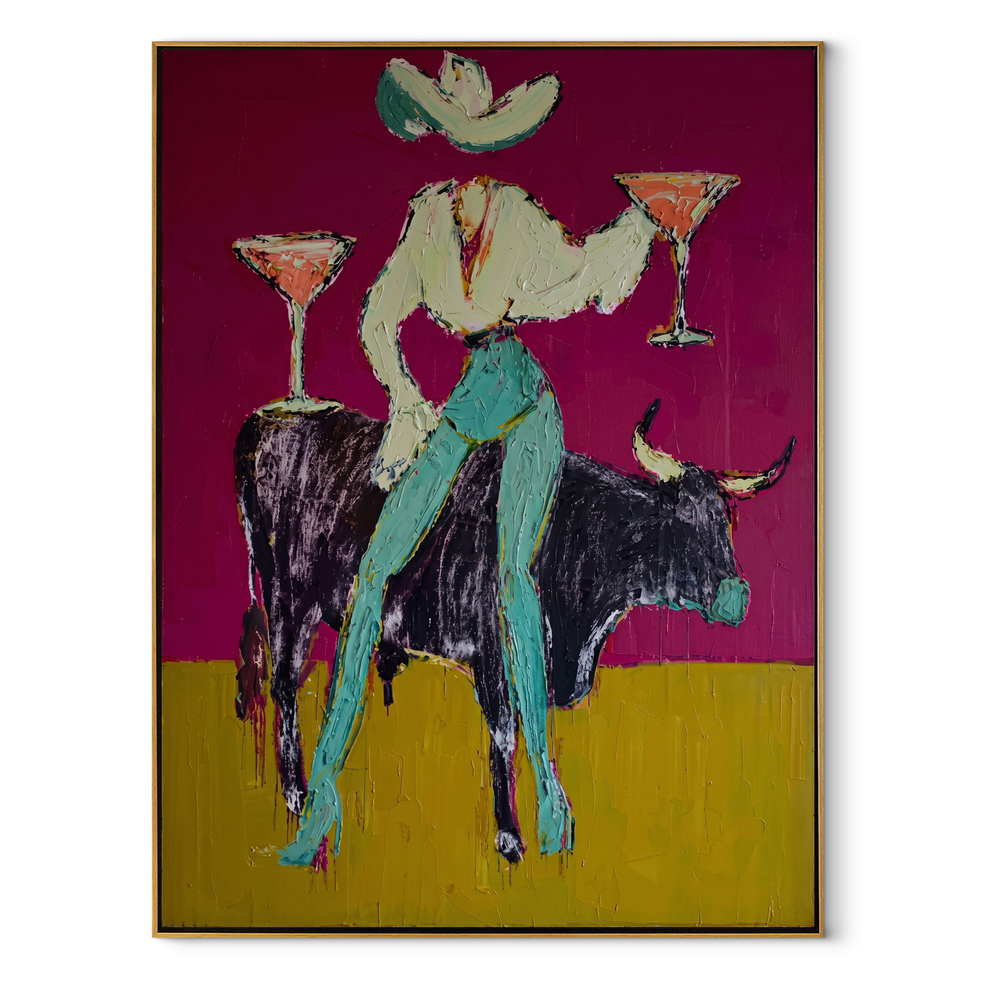 Twin Martinis Ride Midnight Western figurative painting, vertical canvas artwork