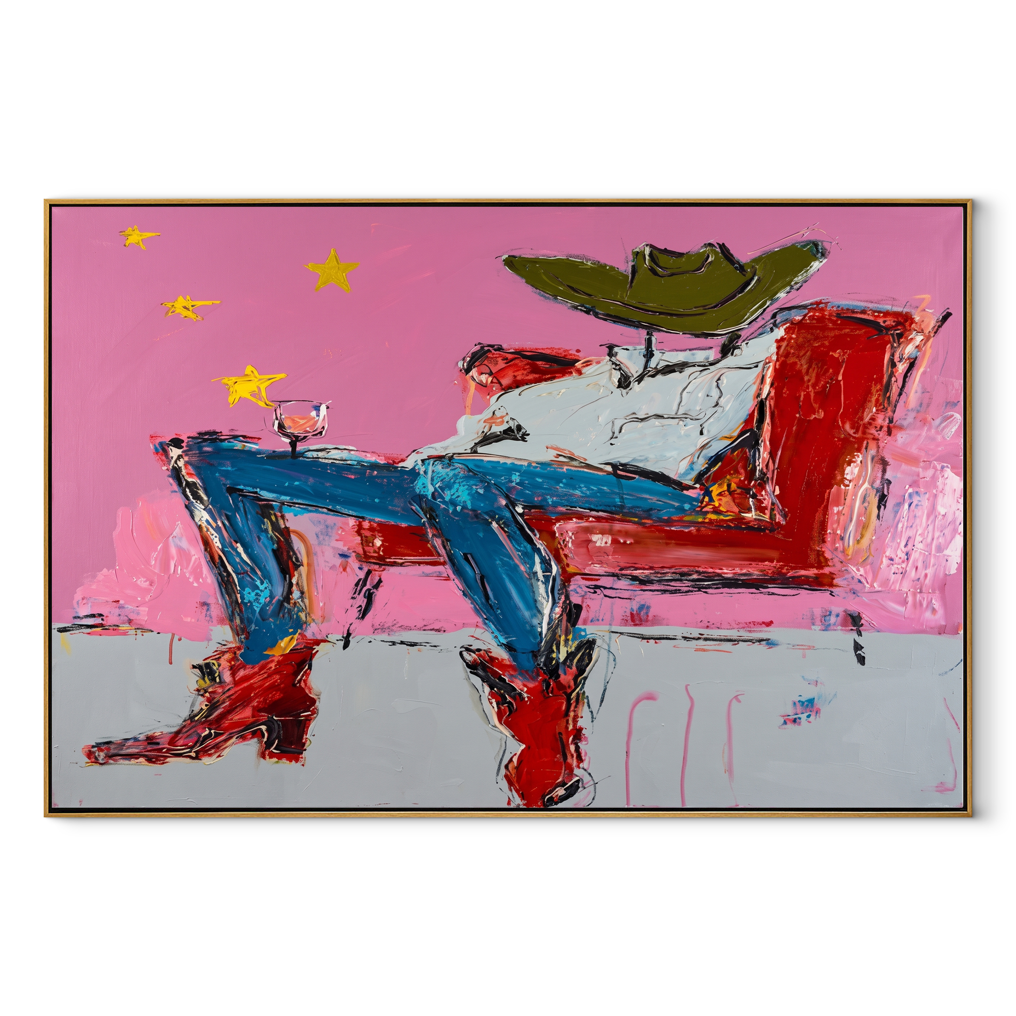 Red Chair Drifts Pink Western figurative painting, horizontal canvas artwork