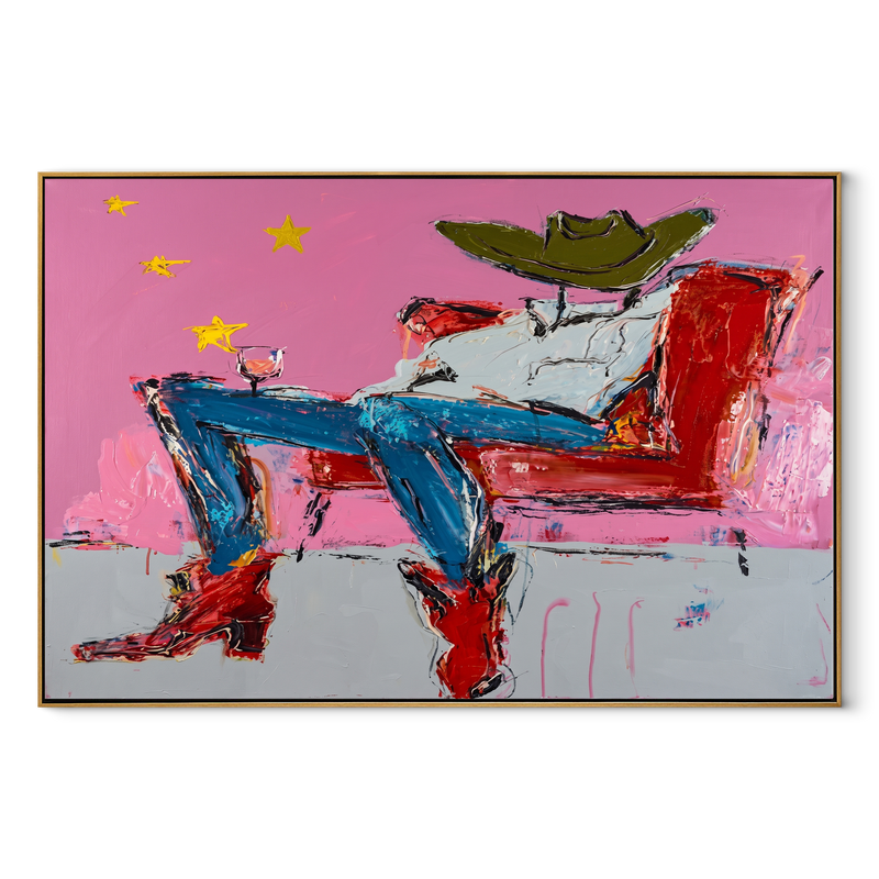 Red Chair Drifts Pink – Reclining Cowboy Chair Painting | Contemporary Western Horizontal Wall Art