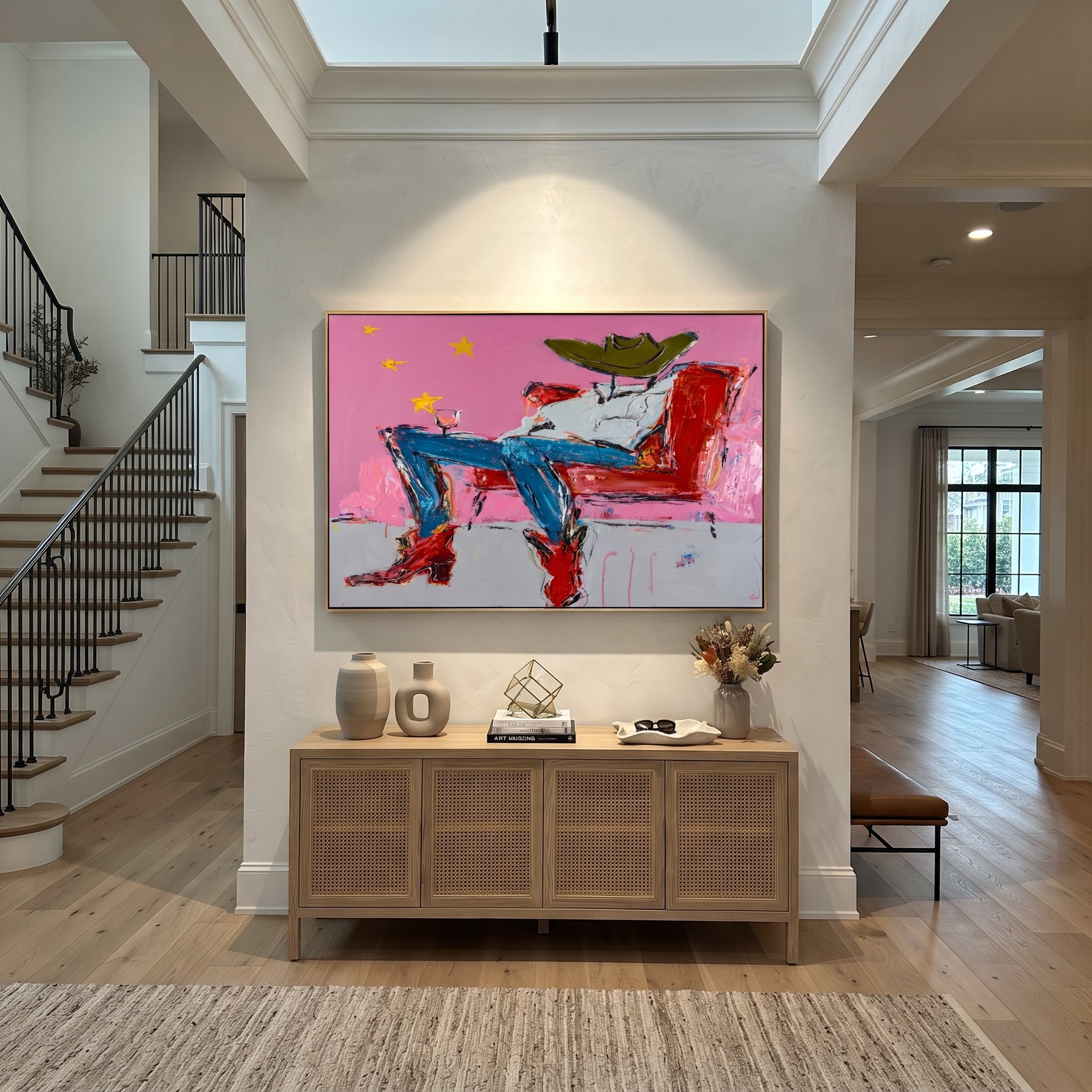 Red Chair Drifts Pink styled with wood, linen, and modern decor