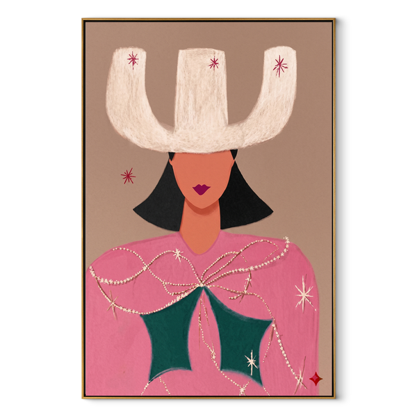 White Crown Frames Rose – Surreal Cowgirl Portrait Painting | Contemporary Western Vertical Wall Art