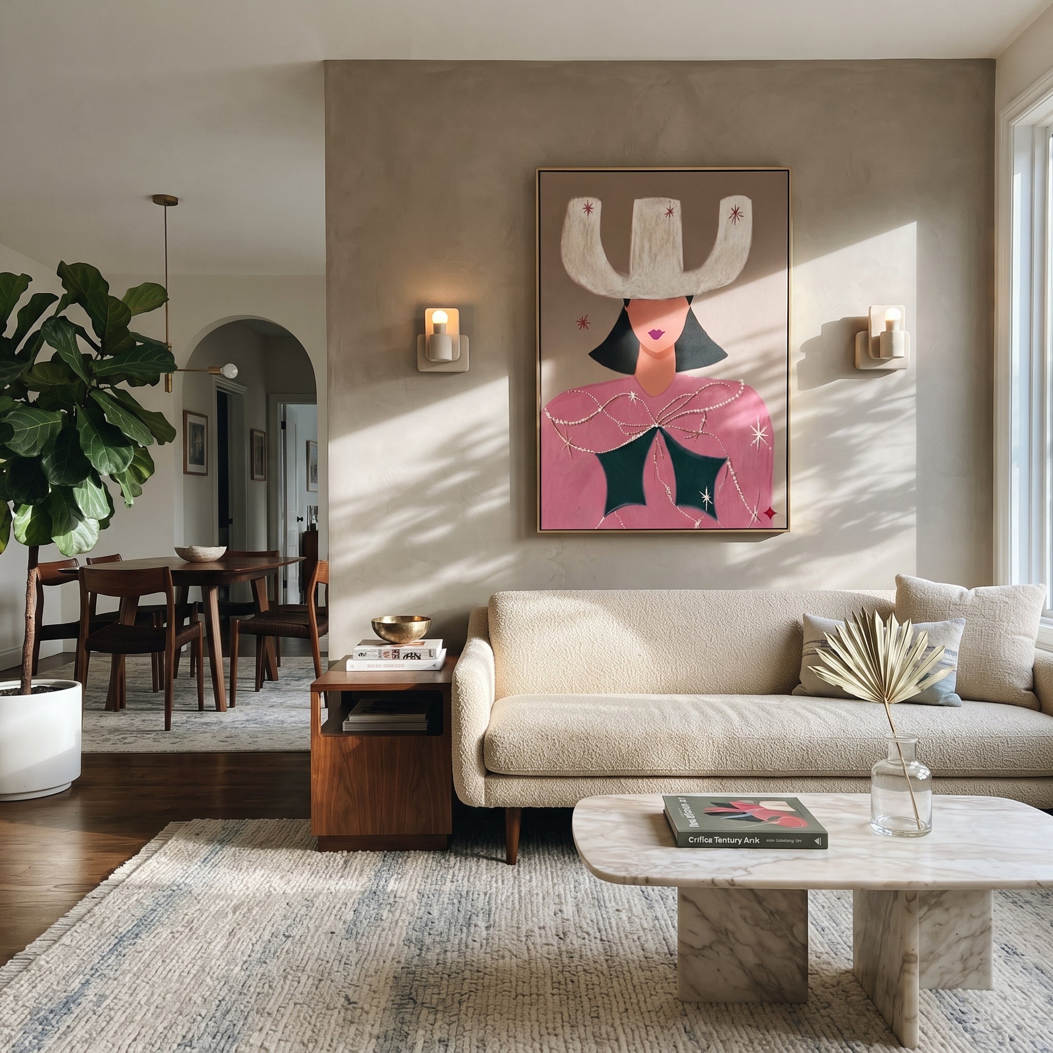 White Crown Frames Rose displayed in a layered residential setting