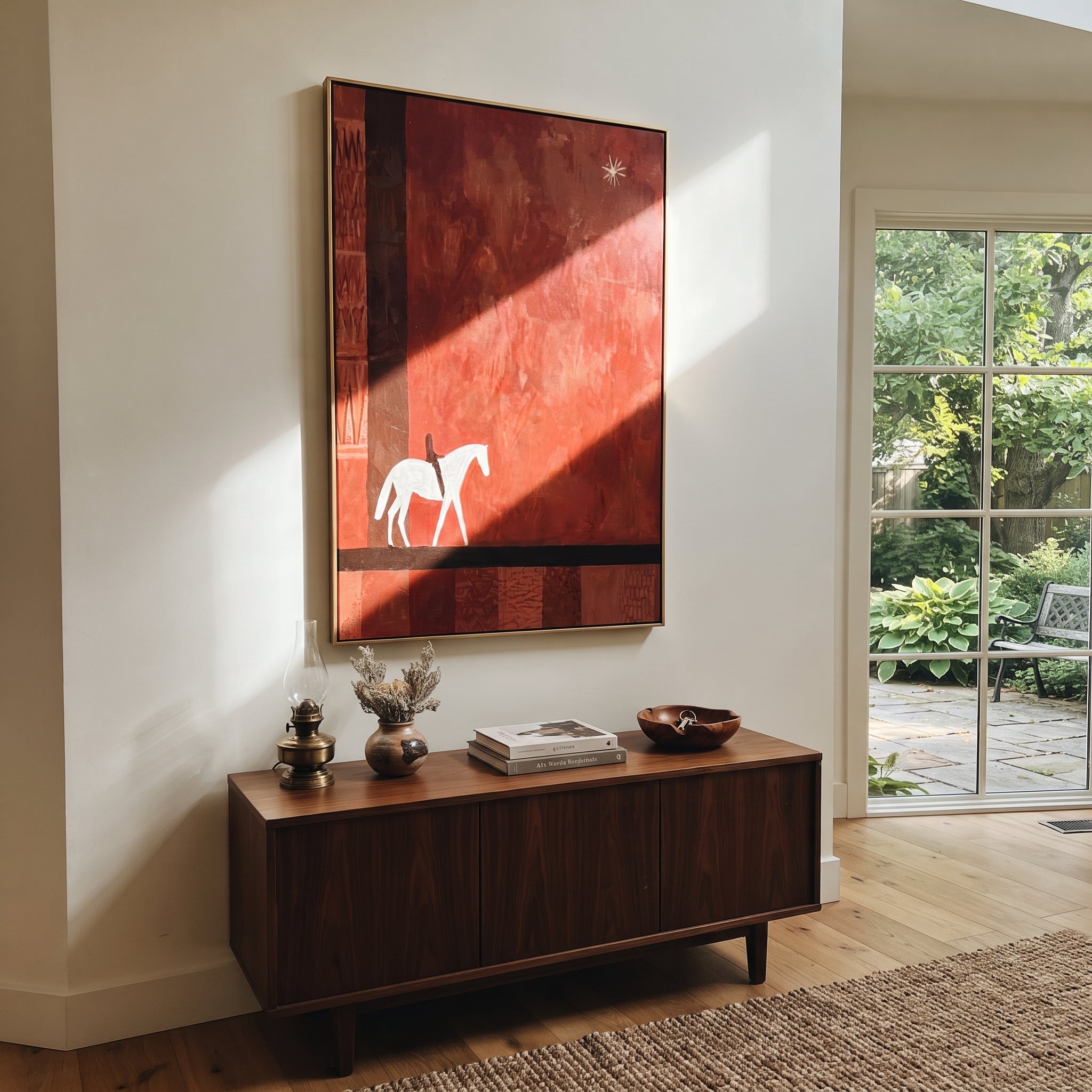 Two Pale Horses Wait displayed in a collected contemporary interior