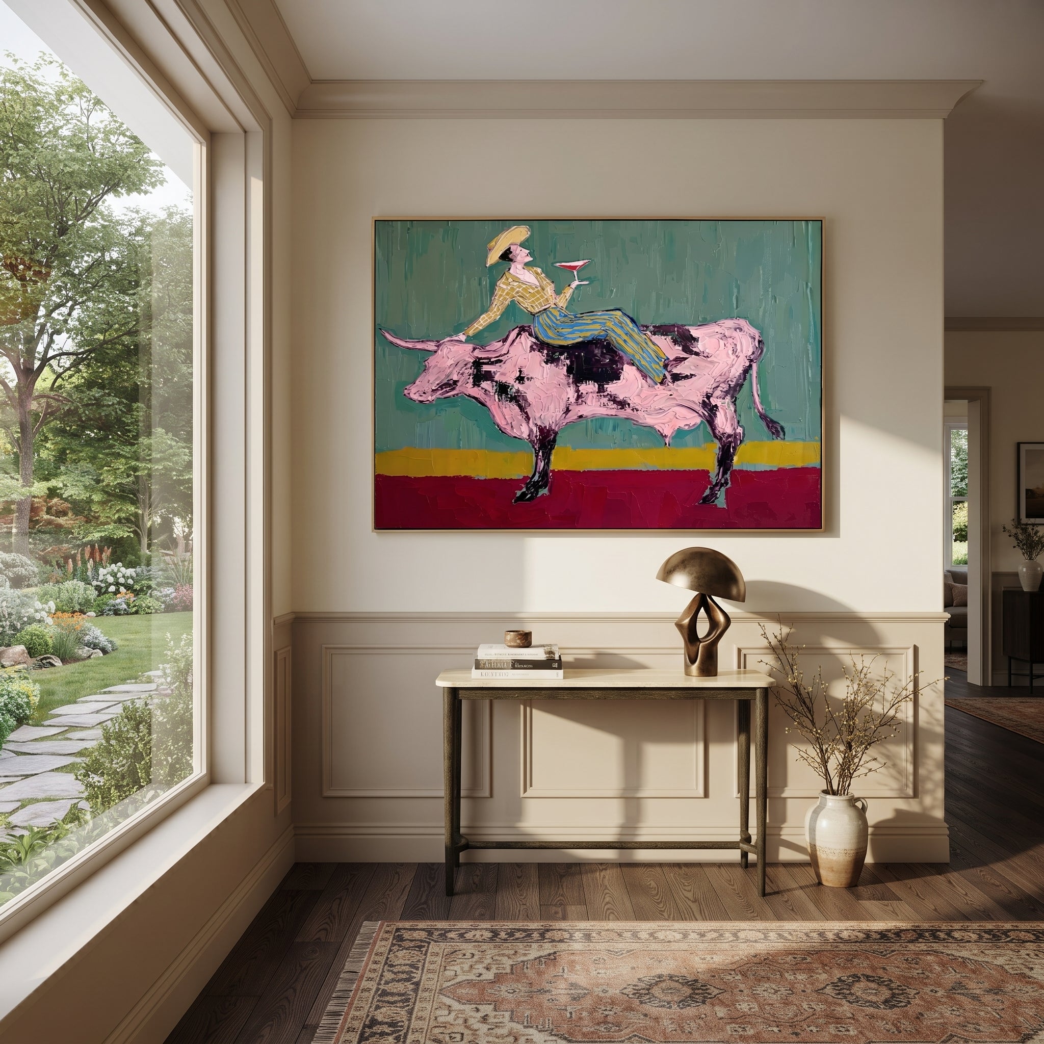 Pink Bull Crosses Teal displayed in a collected contemporary interior