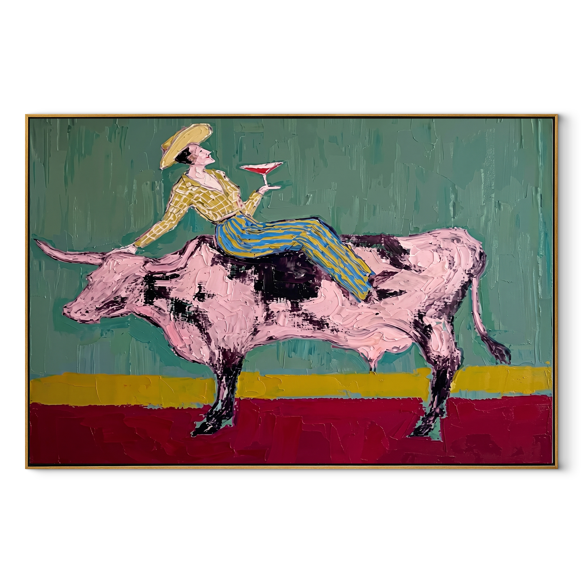 Pink Bull Crosses Teal Western figurative painting, horizontal canvas artwork