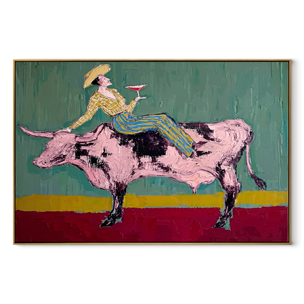 Pink Bull Crosses Teal – Cowgirl Bull Wine Painting | Contemporary Western Horizontal Wall Art