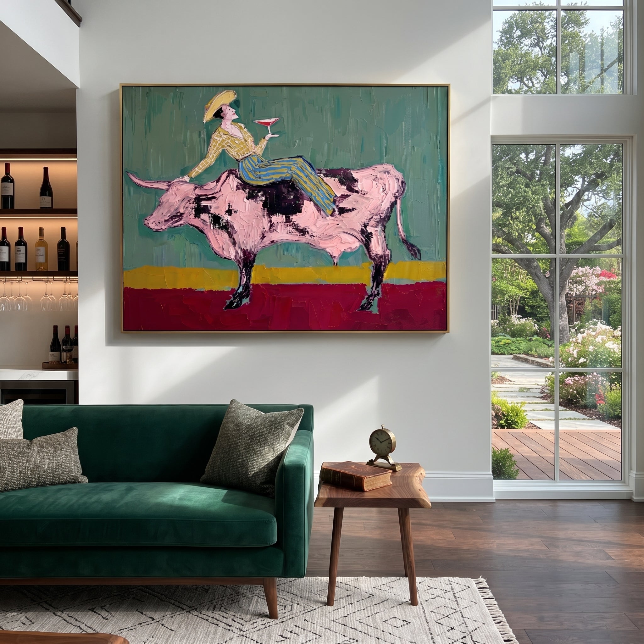 Pink Bull Crosses Teal presented as a colorful interior focal point