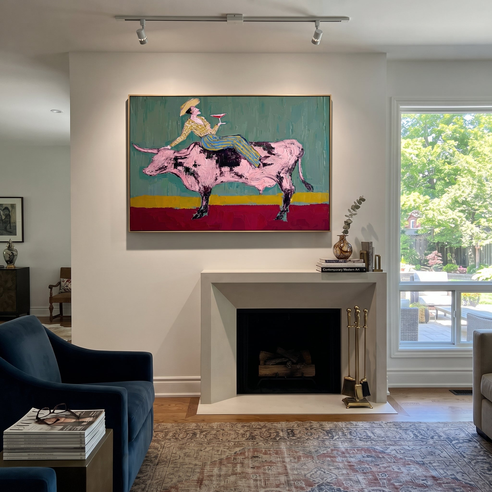Pink Bull Crosses Teal displayed in a layered residential setting