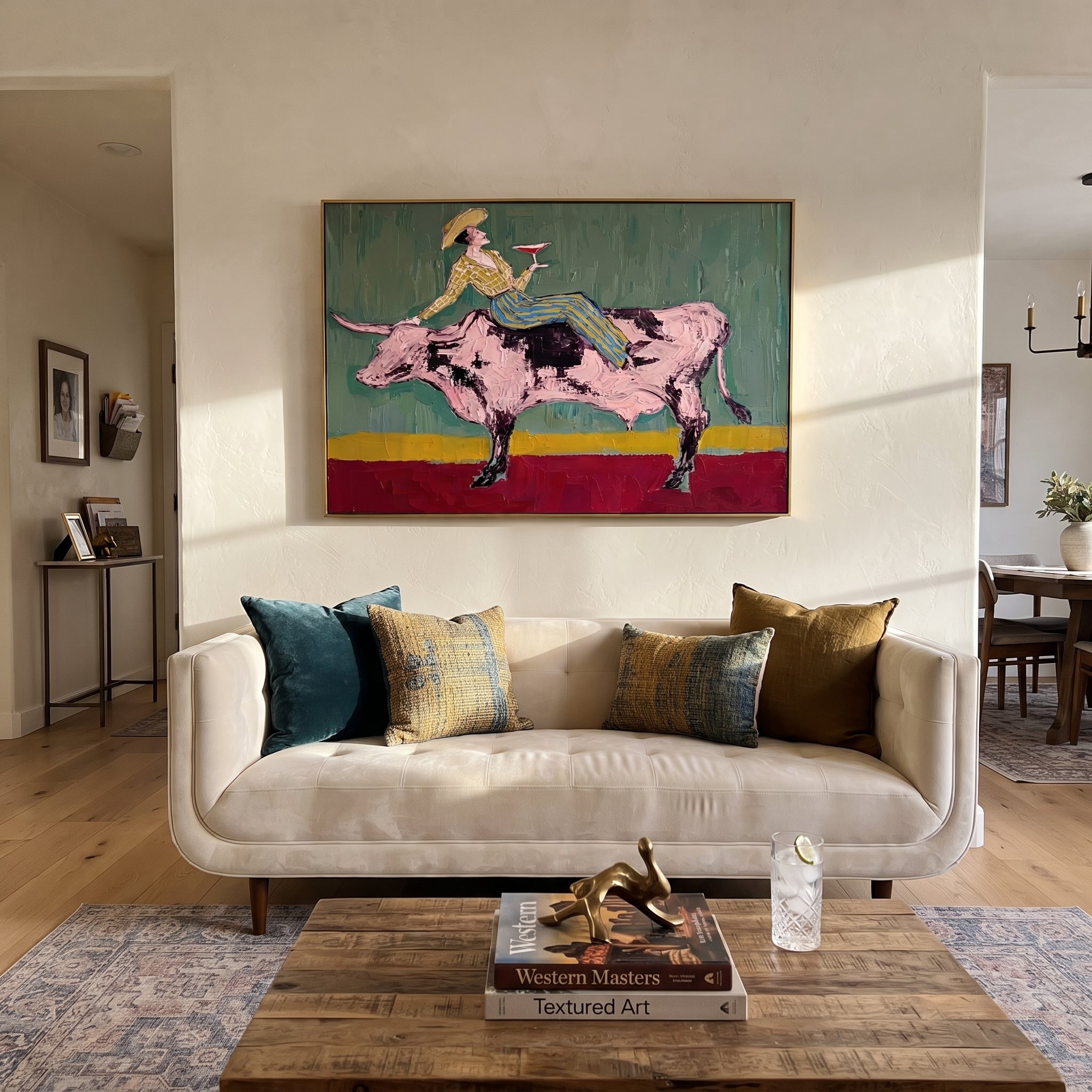 Pink Bull Crosses Teal styled with wood, linen, and modern decor