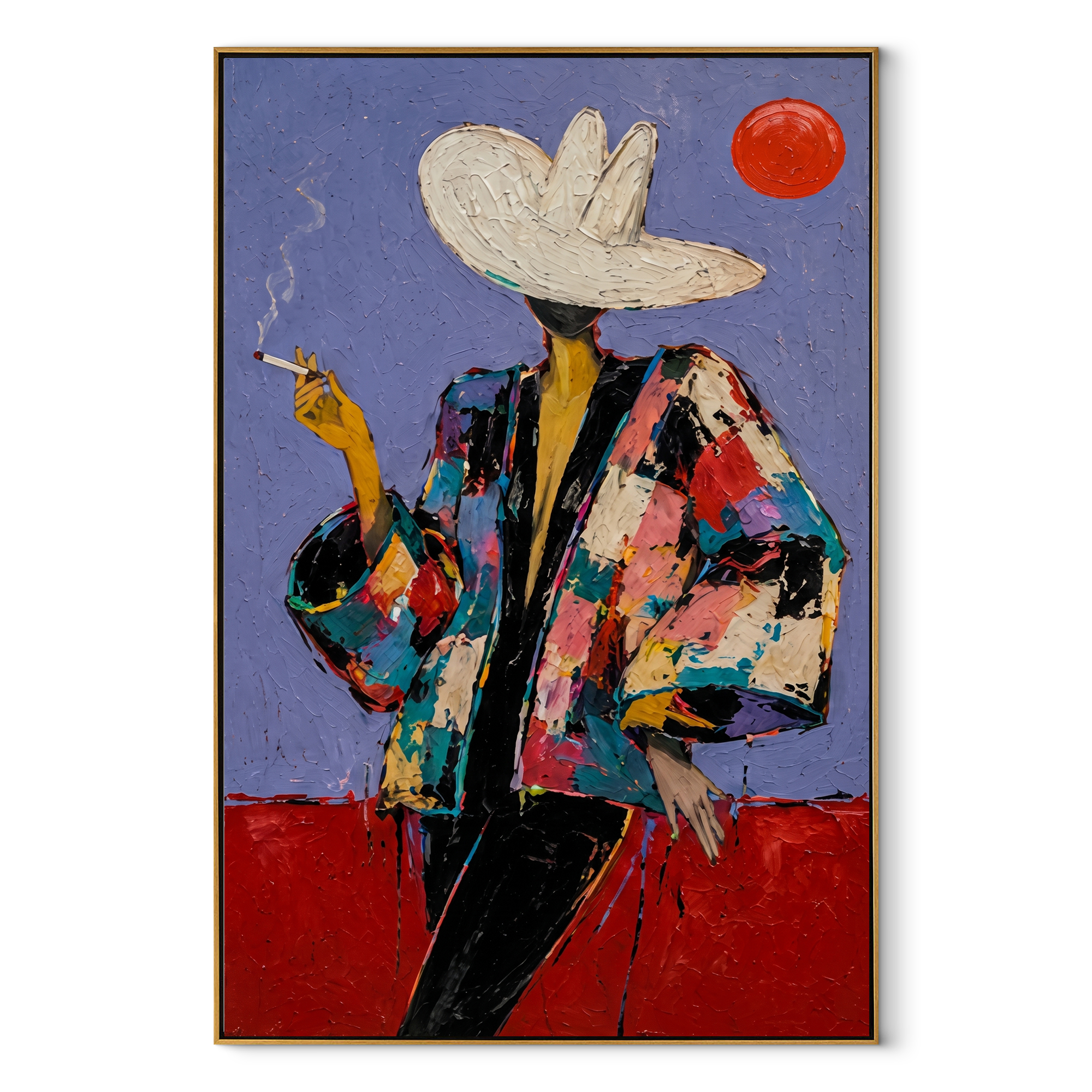 Red Sun Watches Smoke Western figurative painting, vertical canvas artwork