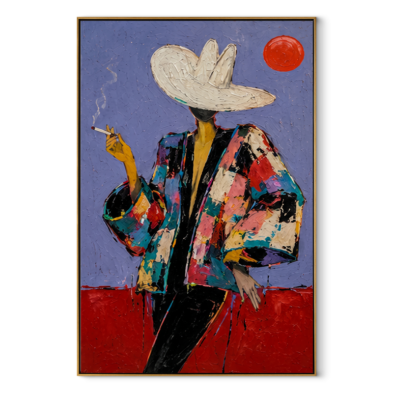 Red Sun Watches Smoke – Smoking Western Figure Painting | Contemporary Western Vertical Wall Art