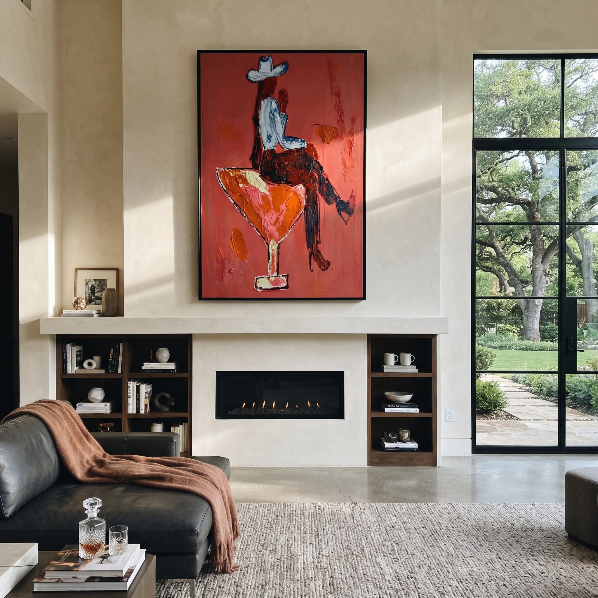 Crimson Glass Carries Rider displayed in a collected contemporary interior