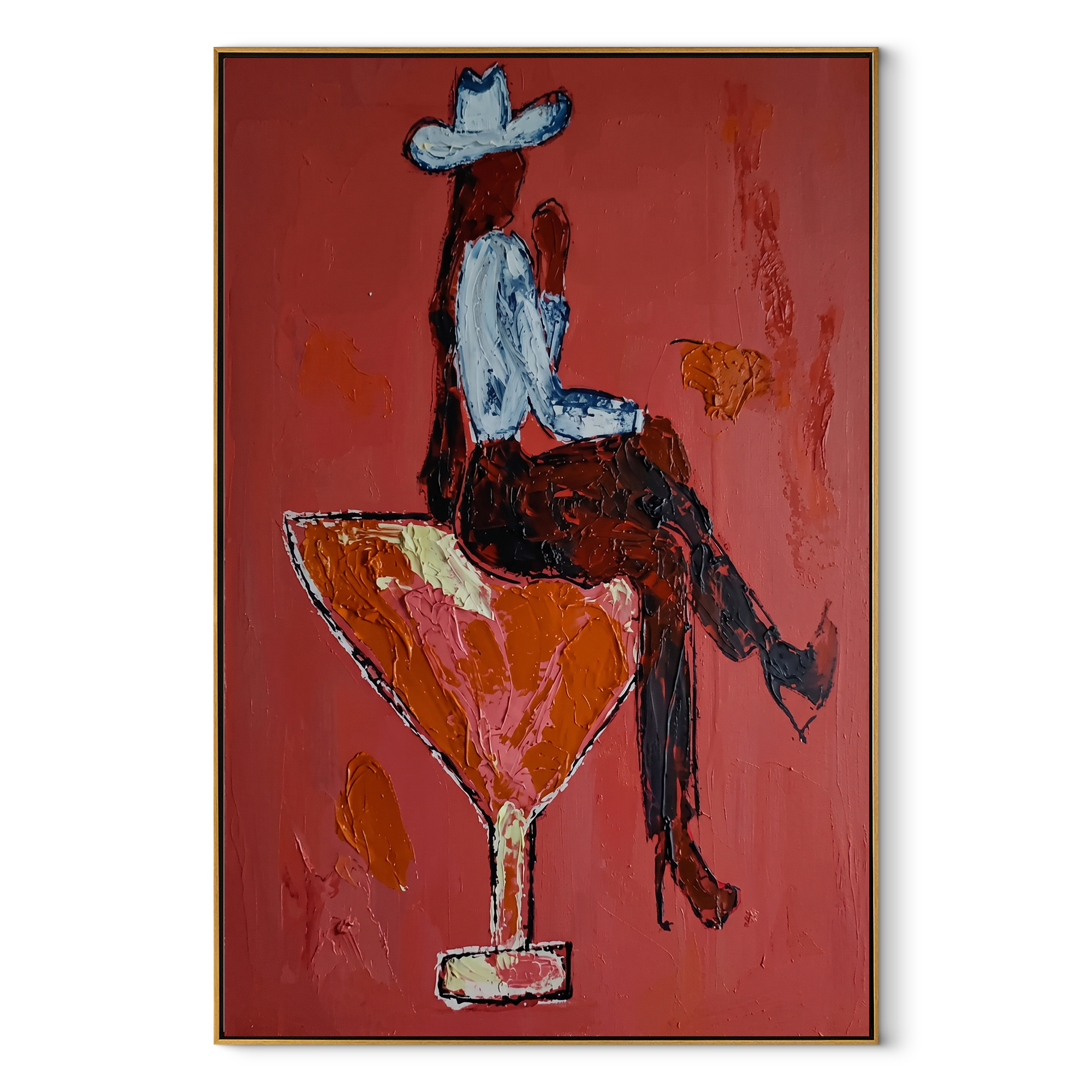 Crimson Glass Carries Rider Western figurative painting, vertical canvas artwork