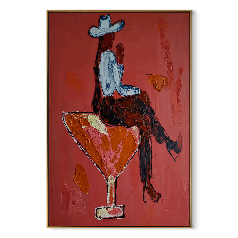 Crimson Glass Carries Rider – Cowboy Riding Cocktail Painting | Contemporary Western Vertical Wall Art