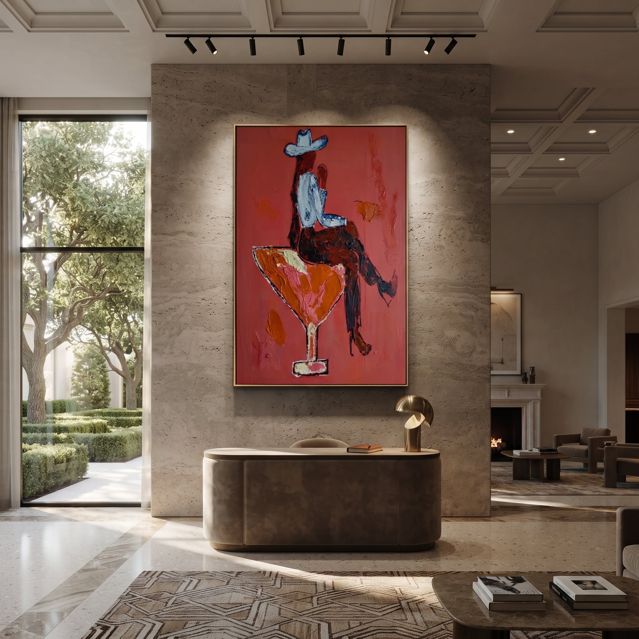 Crimson Glass Carries Rider presented as a colorful interior focal point