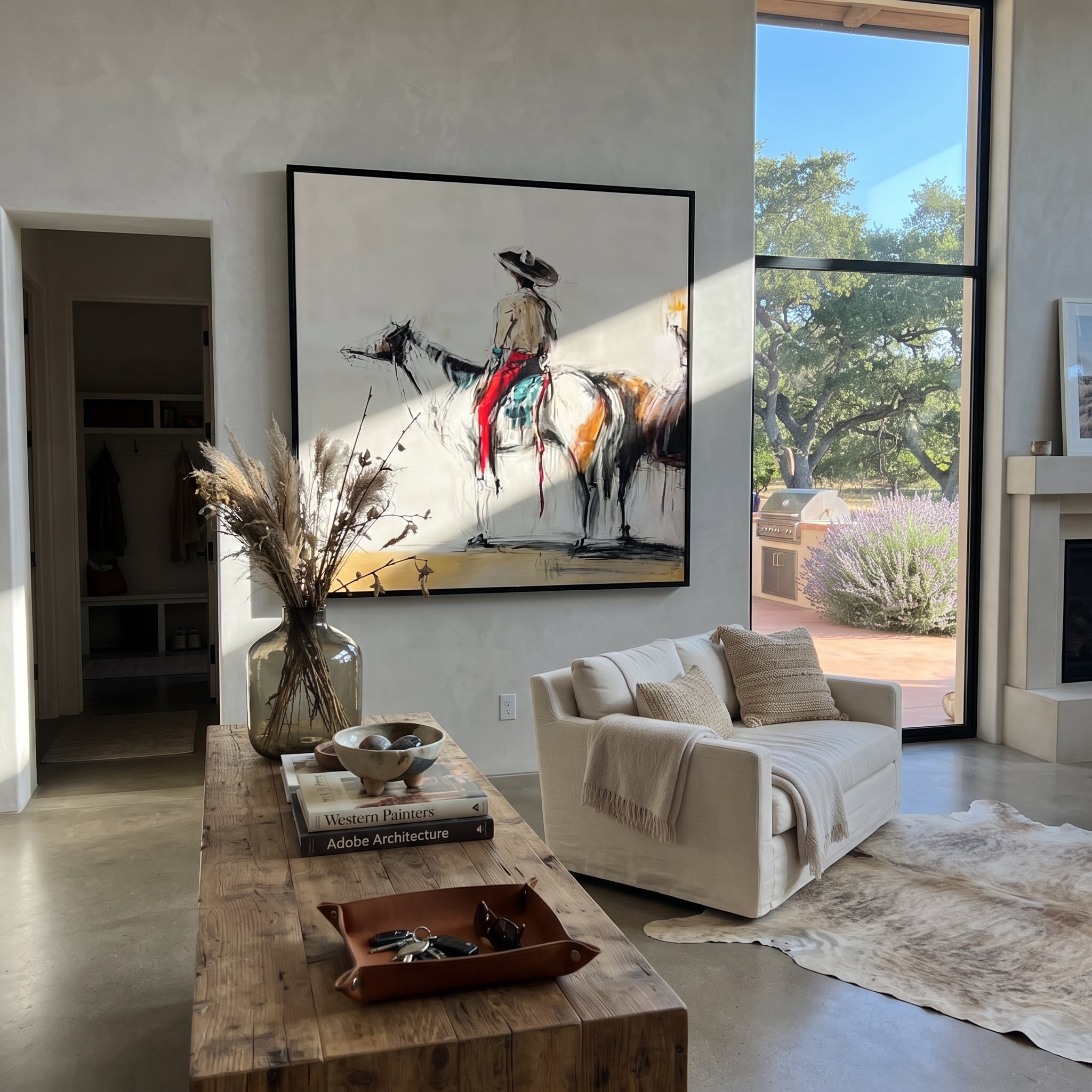Ink Horse Holds Patience displayed in a collected contemporary interior