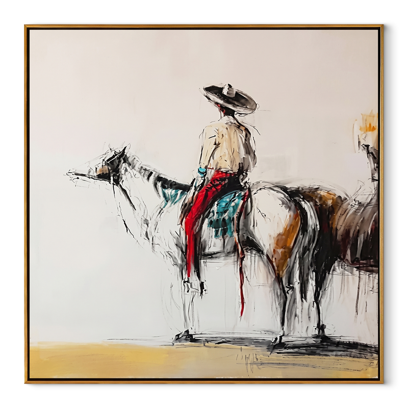 Ink Horse Holds Patience – Brown Horse Rider Sketch | Contemporary Western Square Wall Art