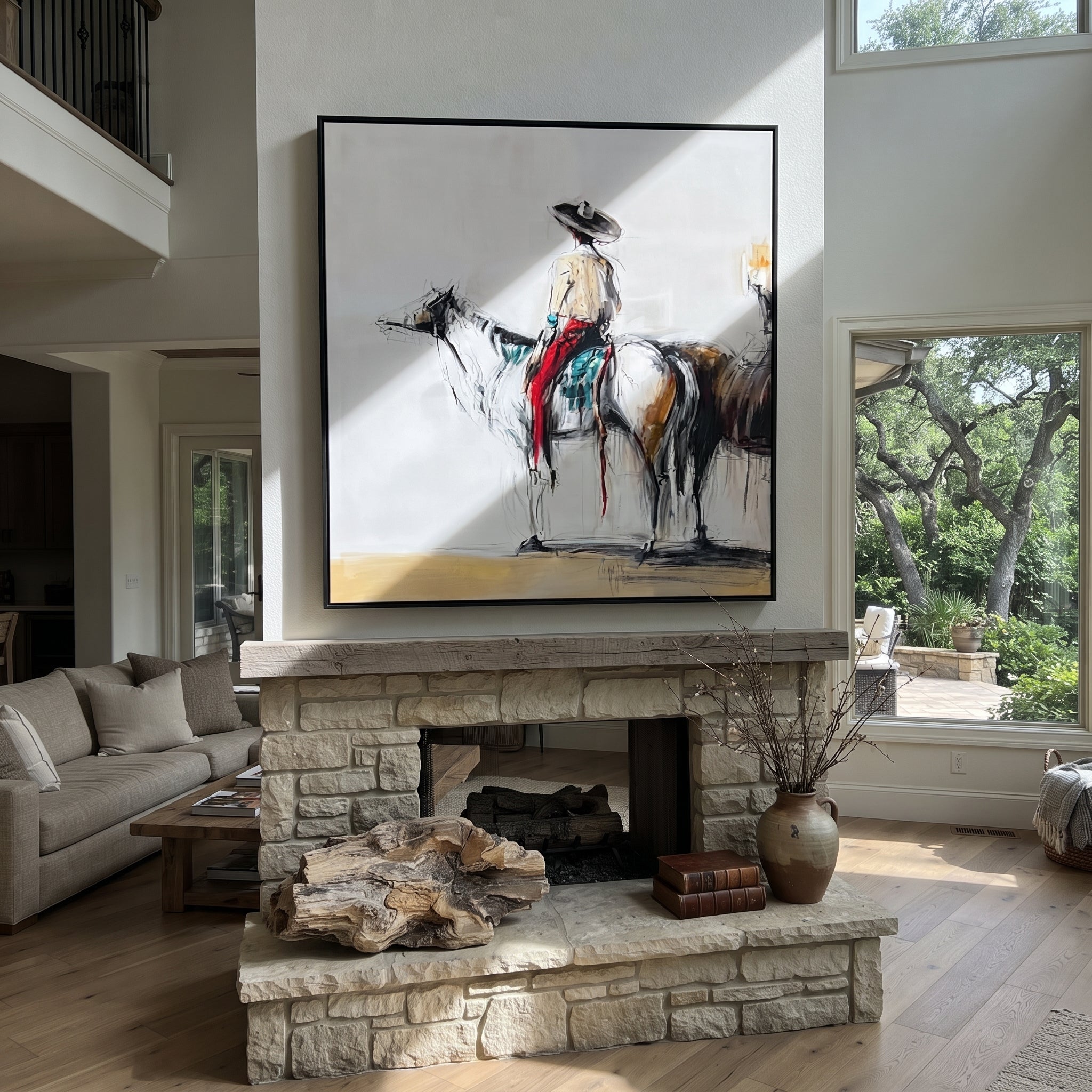 Ink Horse Holds Patience styled with warm modern furnishings