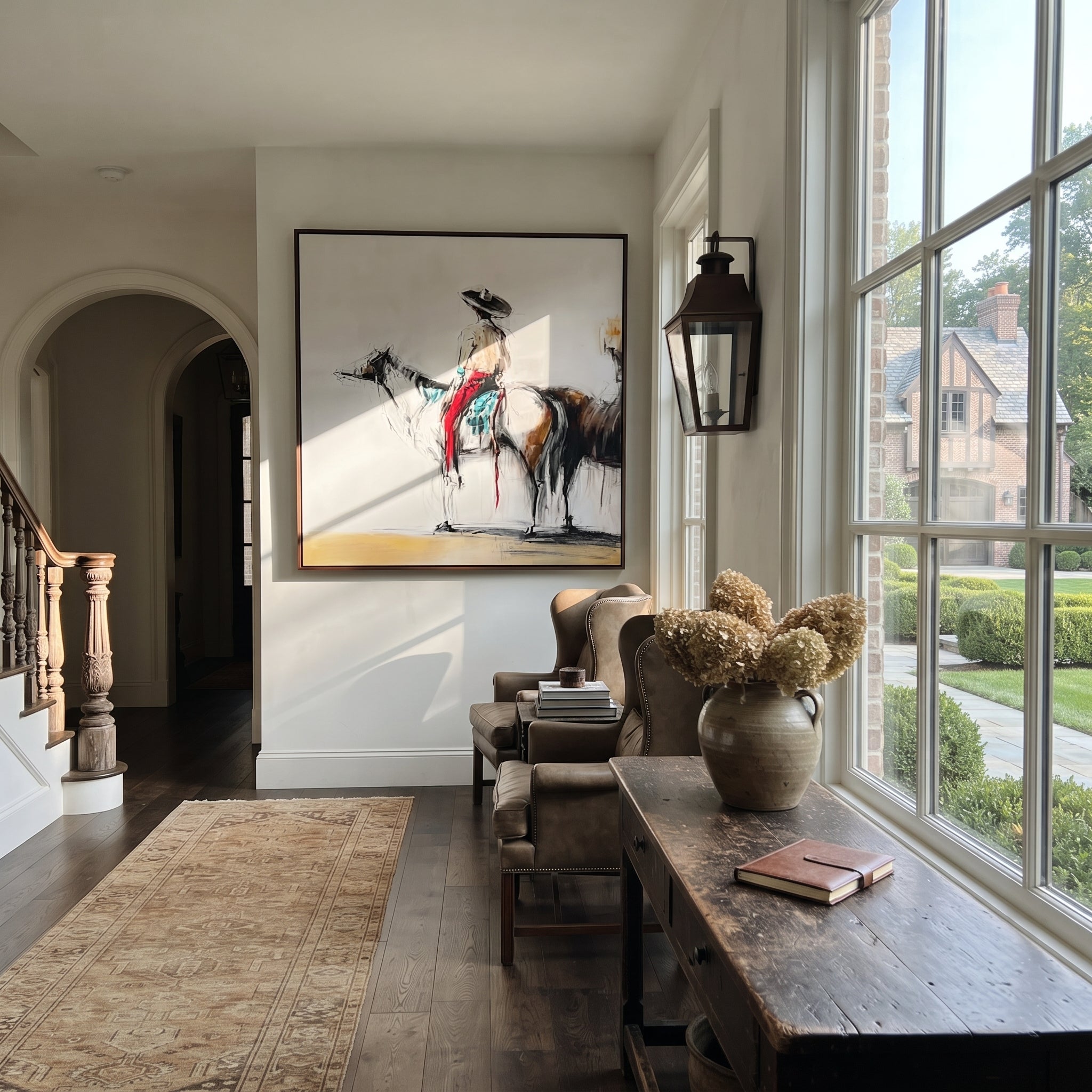 Ink Horse Holds Patience styled with wood, linen, and modern decor