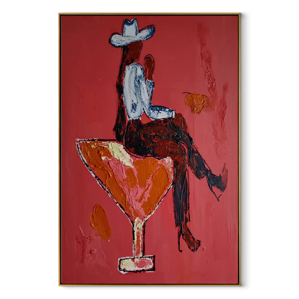 Scarlet Glass Bears Blue – Cowboy Cocktail Glass Painting | Contemporary Western Vertical Wall Art