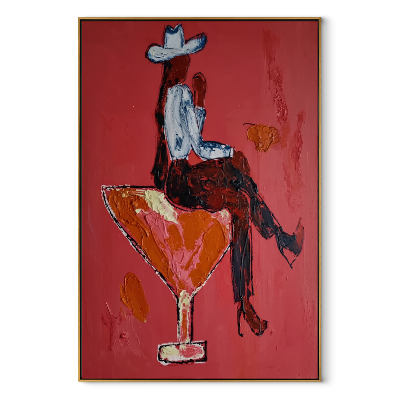 Scarlet Glass Bears Blue – Cowboy Cocktail Glass Painting | Contemporary Western Vertical Wall Art