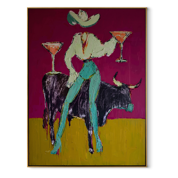 Two Cocktails Crown Bull – Cowgirl Bull Martini Painting | Contemporary Western Vertical Wall Art