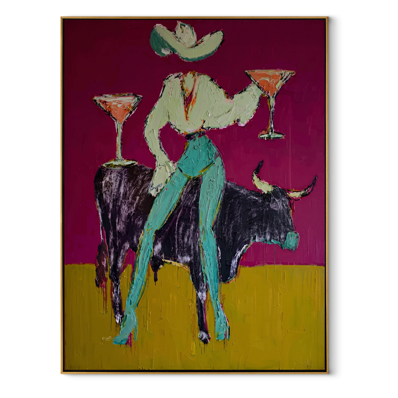 Two Cocktails Crown Bull – Cowgirl Bull Martini Painting | Contemporary Western Vertical Wall Art