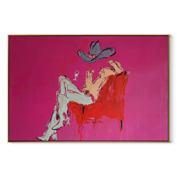 Pink Room Holds Repose – Reclining Cowboy Chair Painting | Contemporary Western Horizontal Wall Art