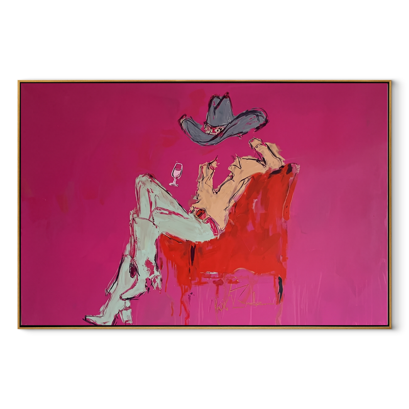 Pink Room Holds Repose – Reclining Cowboy Chair Painting | Contemporary Western Horizontal Wall Art
