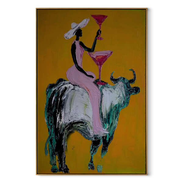Golden Toast Rides Silver – Cowgirl Silver Bull Painting | Contemporary Western Vertical Wall Art